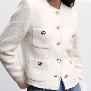 Mango Pocket Tweed Jacket Ecru Small